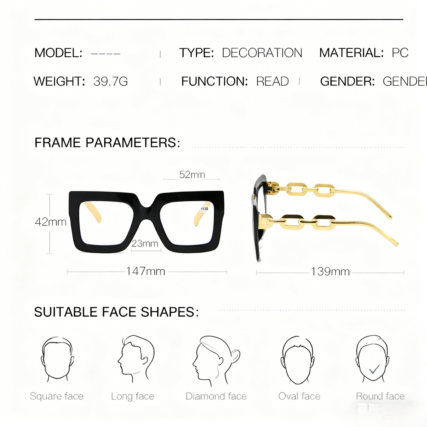 🔥Lastday 70%OFF-Women’s Oversized Square Chain Reading Glasses(1set-6pcs)